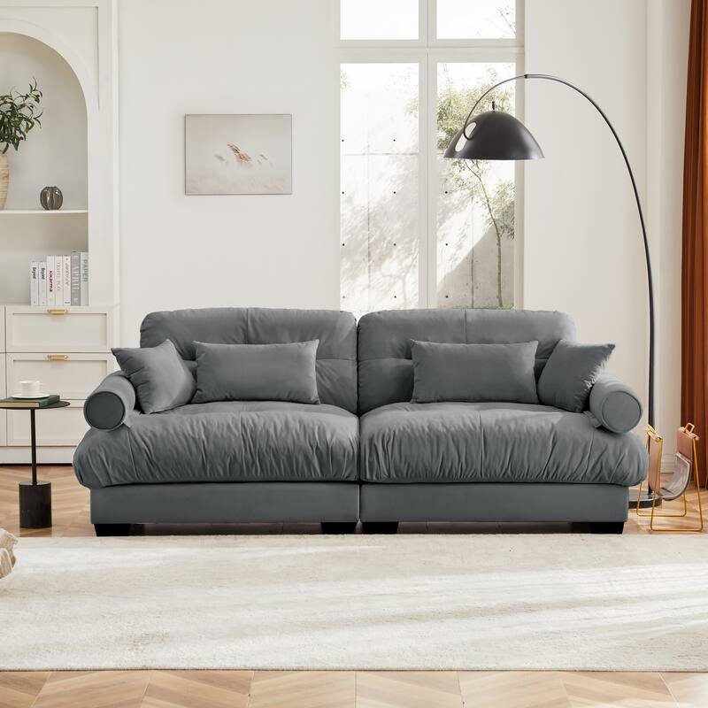 93.7" Velvet 3-Seater Sofa, Bolster Arms and High-Resilience Cushions - Grey