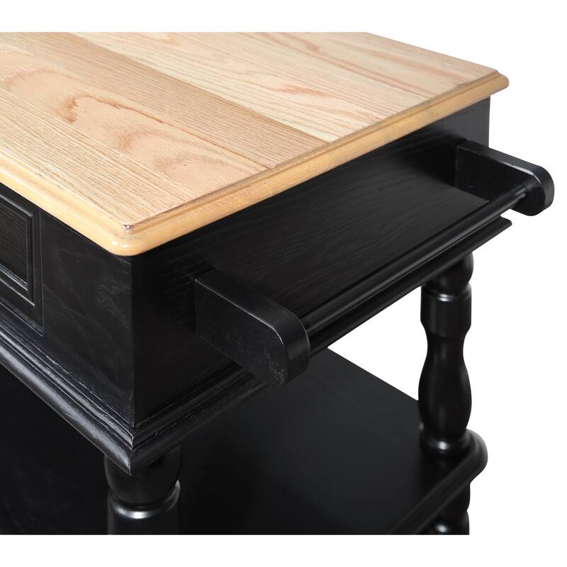 Open 2-sided Kitchen Island on Wheels with OAK Wood Top, Portable Rolling Kitchen Cart with Towel Rack and Spice Rack, Black