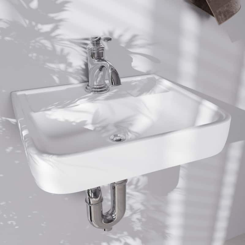 White Ceramic Rectangle Bathroom Sink Wall Mount with Backsplash Lip and Single Faucet Hole Renovators Supply - N/A