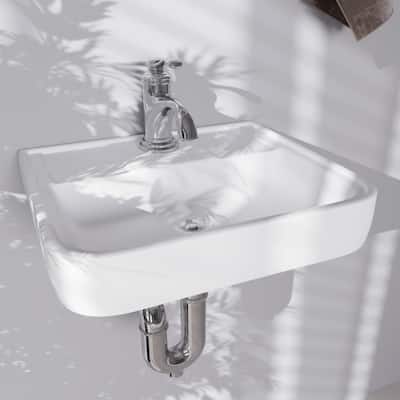 White Ceramic Rectangle Bathroom Sink Wall Mount with Backsplash Lip and Single Faucet Hole Renovators Supply - N/A