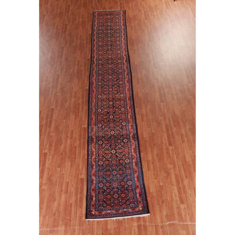 Hand Knotted Oriental 100% Wool Carpet Traditional Floral Navy Blue & Blues Mahal Runner Rug - 18' 9'' X 3' 1''