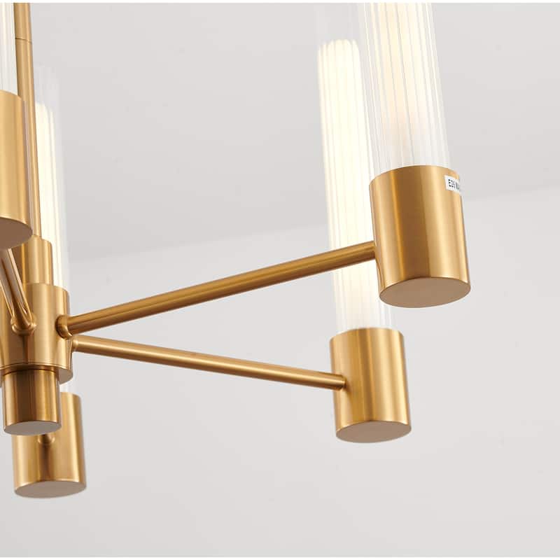 6-Light Brass Chandelier With Ribbed Clear Glass Shades
