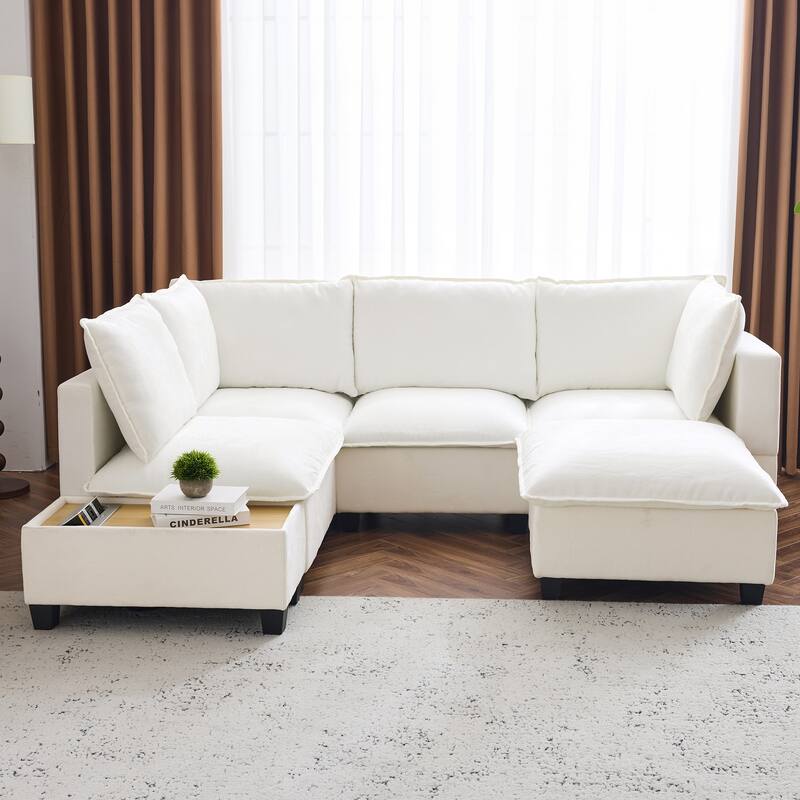 U-Shaped Sectional Sofa with Ottoman, Coffee Table with Hidden Charging Devices, Oversized Chenille Upholstered Cloud Sofa