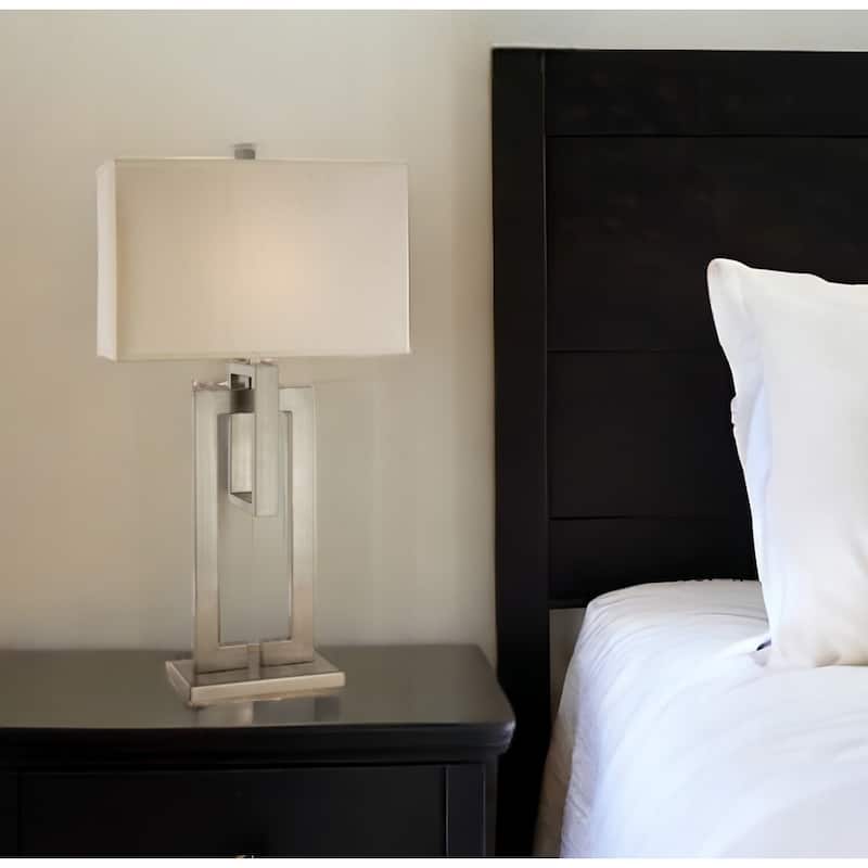 36 Inch Nickel Iron Geometric Table Lamp with Ivory Fabric Shade - 10" x 19" x 36" - Nickel