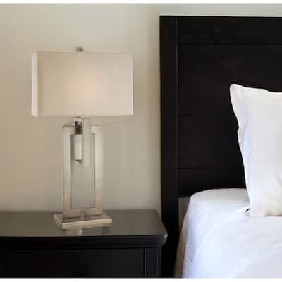 36 Inch Nickel Iron Geometric Table Lamp with Ivory Fabric Shade - 10" x 19" x 36"