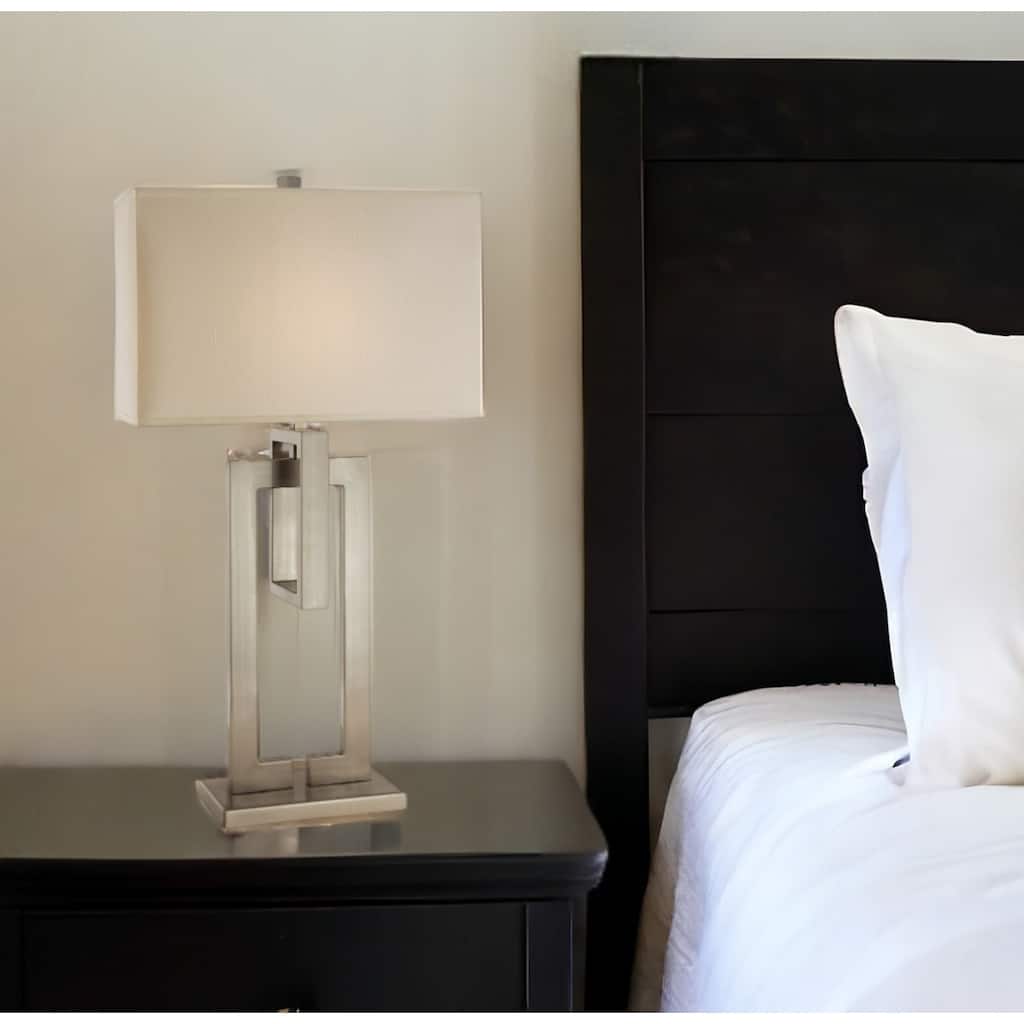 36 Inch Nickel Iron Geometric Table Lamp with Ivory Fabric Shade - 10" x 19" x 36"