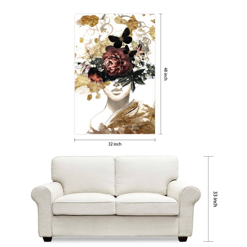 "Woman in Garden" Frameless Free Floating Tempered Glass with Gold Covered Panel Graphic Wall Art 48 in. x 32 in.