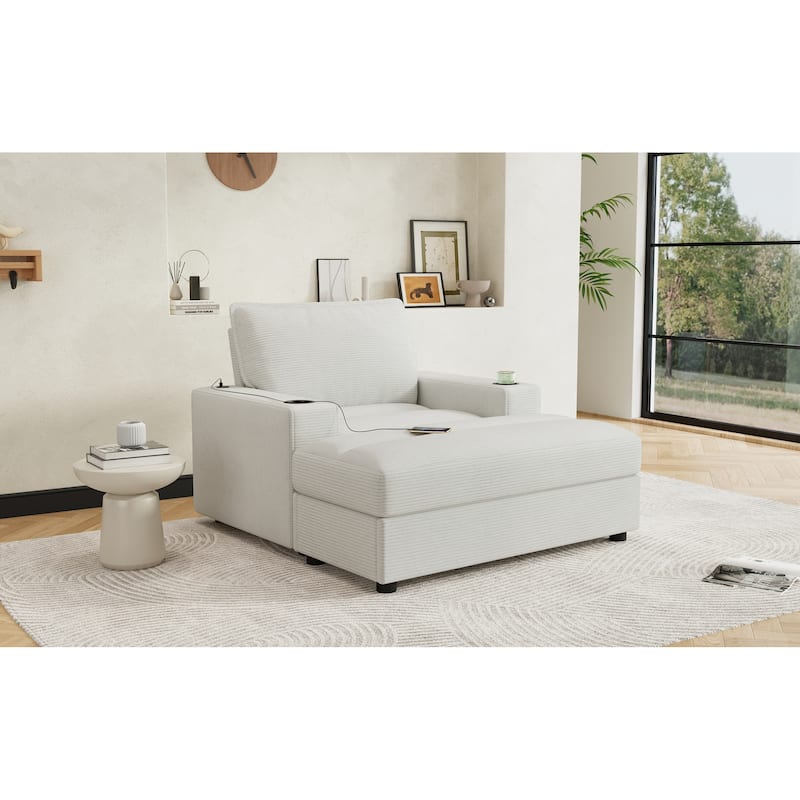 Roomfitters Oversized Chaise Lounge Chair with Storage Ottoman and Built-in USB Charging Port, Corduroy Sleeper Couch