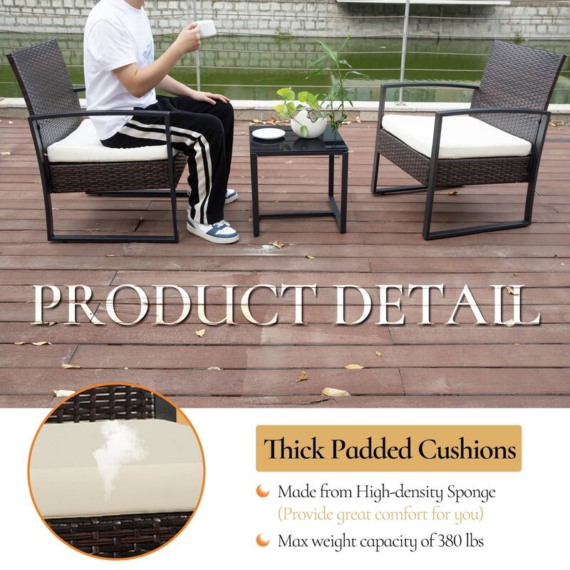 3-PC Outdoor Wicker Conversation Set w/ 2 Cushions, Glass Coffee Table