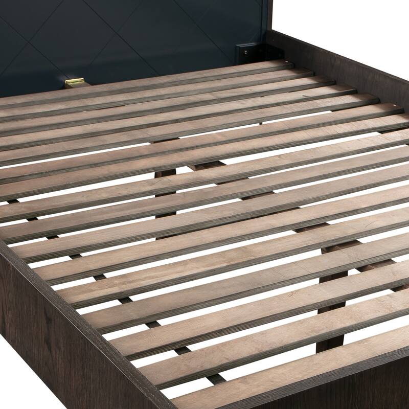 Modern Wood Metal Queen Bed Frame - Sturdy Platform Bed with Slats - Oak Finish - 63"W x 84"L