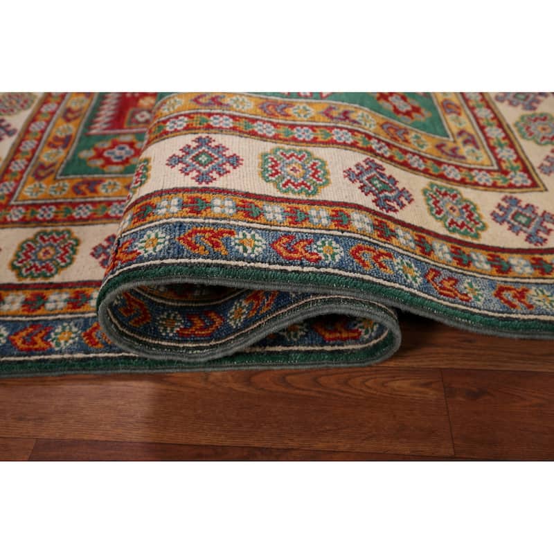 Green Geometric Kazak Oriental Area Rug Handmade Wool Carpet - 3'11" x 5'9"