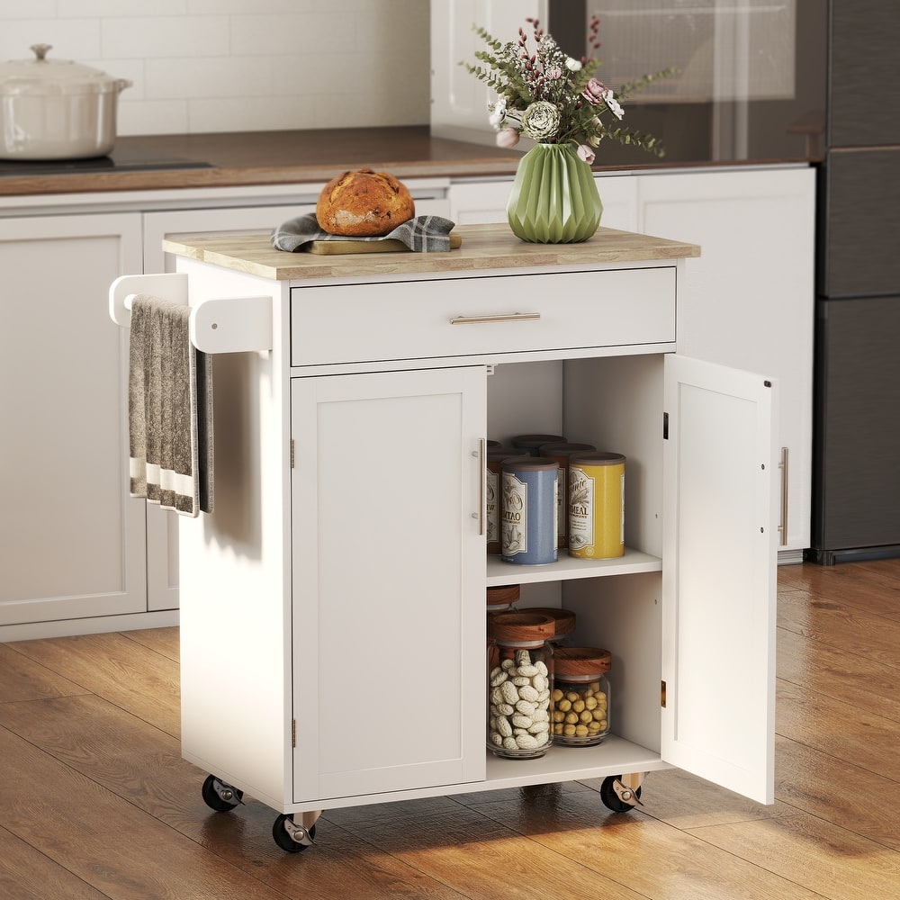 HOMCOM Kitchen Island Cart Rolling Trolley Cart with Drawer, Storage Cabinet & Towel Rack