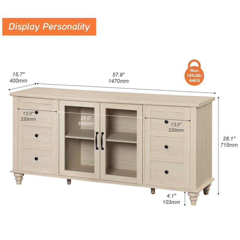 Farmhouse TV Stand for 65 Inch TV, Wood Console Table with Glass Door