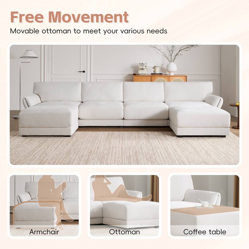 142" Chenille U-Shaped 6-Seater Sectional Sofa with USB/Type-C Charging, Petal Armrests and Free-Move Ottoman