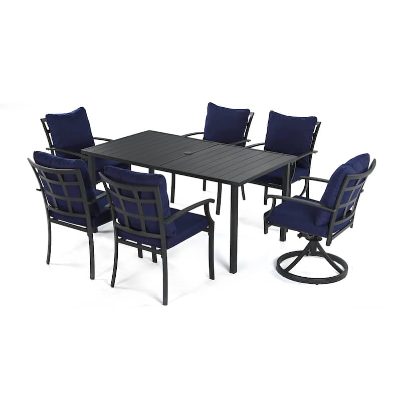 IvyGlow 7-Piece Black Metal Patio Dining Set with Rectangular Table, 2 Swivel Dining Chairs and Gray Cushions