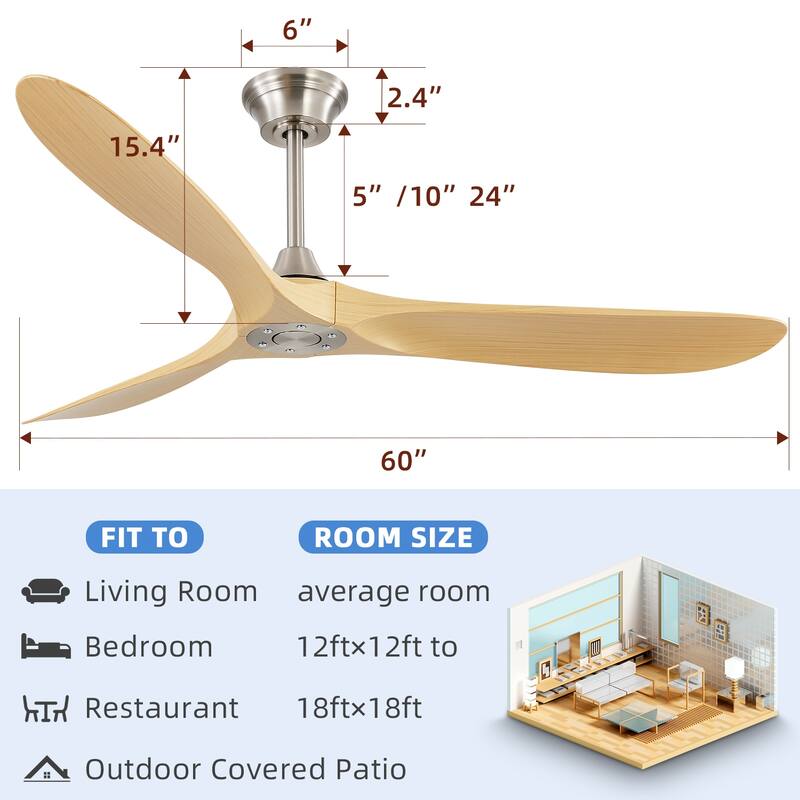 60" Smart Ceiling Fan without Light,Nickel downrod with Plastic Blades