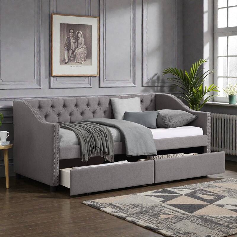 Upholstered Twin Size Daybed with Two Storage Drawers, Linen Fabric Daybed Frame with Wood Slat Support