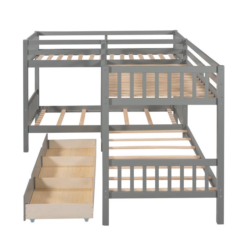 Gray Twin L-Shaped Bunk Bed with Drawers, Pinewood Construction, Space-Saving Design