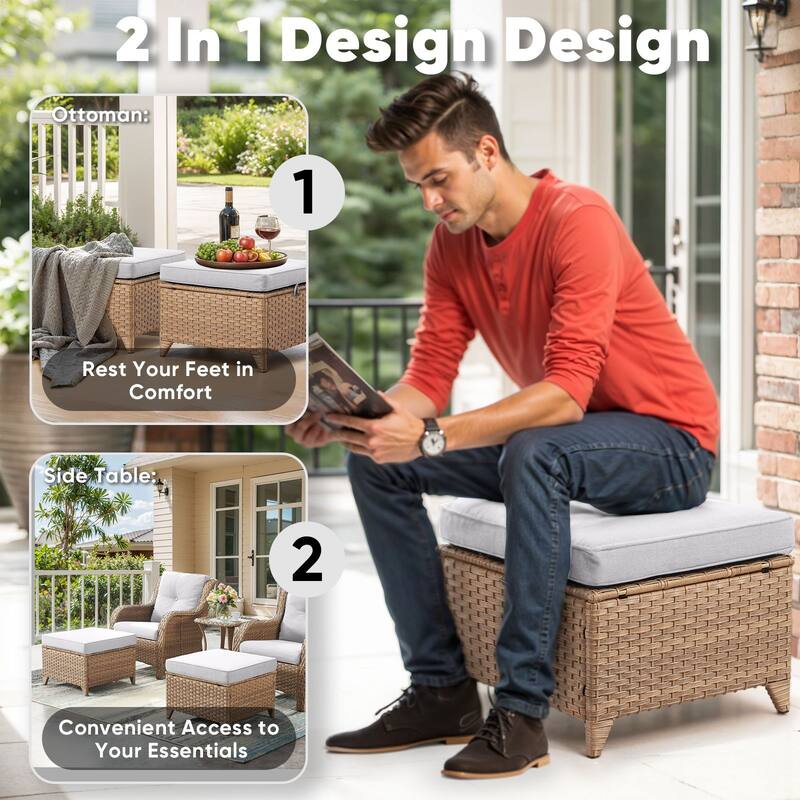 2 Wicker Ottomans Multipurpose Outdoor Footrest