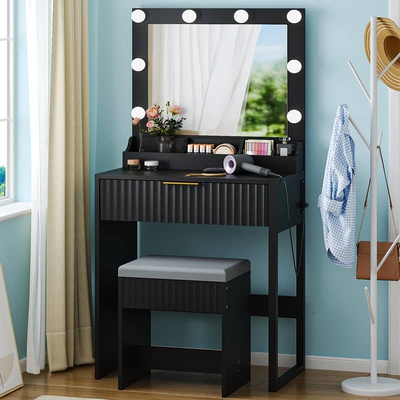 Particle Board Veneered with Textured Melamine, 1-drawer 3-compartment Dressing Table Set with 8 Three-color Dimmable Bulbs - Black