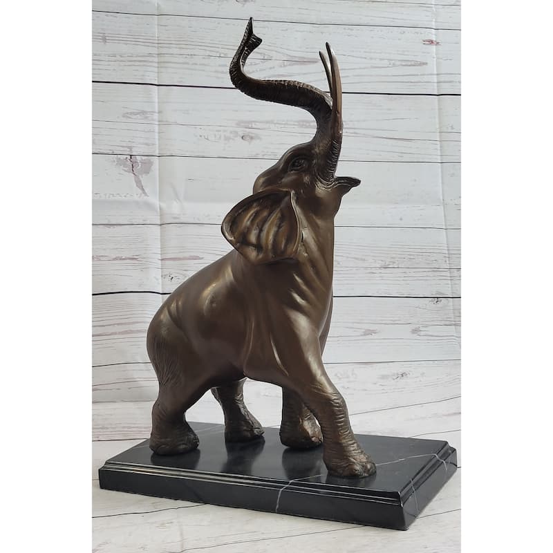 Trumpeting Happy Elephant Bronze Statue Sculpture Marble Base 16 Inches X 10 Inches