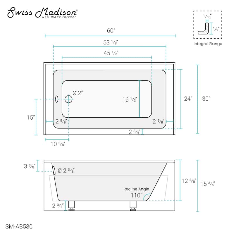 Virage 60" x 30" Alcove Bathtub with Apron