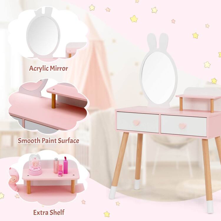 2 in 1 Wooden Princess Kids Vanity Set with Mirror-White - N/A