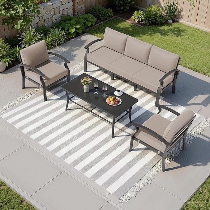 Kullavik Aluminum Outdoor Patio Sectional Sofa Set with Swivel Rocking Chairs and Coffee Table - Sand - 5-Seats-Rectangular Table