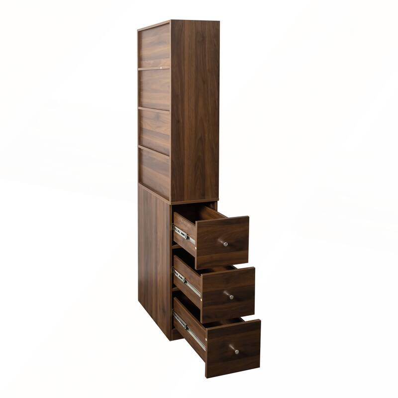Modern Wooden Tall Display Storage Cabinet with 4-Tier Shelves and 3 Side Drawers for Living Room and Home Office