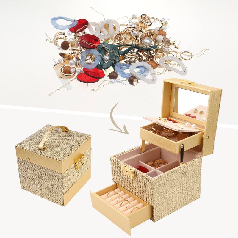 3 Layer Jewelry Box with Mirror for Girls, PU Leather Sequins Jewelry Organizer Case Storage Display Holder with Drawer - Gold