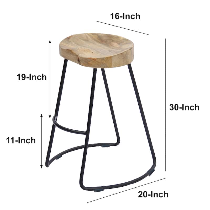 Ela 30 Inch Mango Wood Bar Stool, Saddle Seat, Iron Frame, Brown and Black