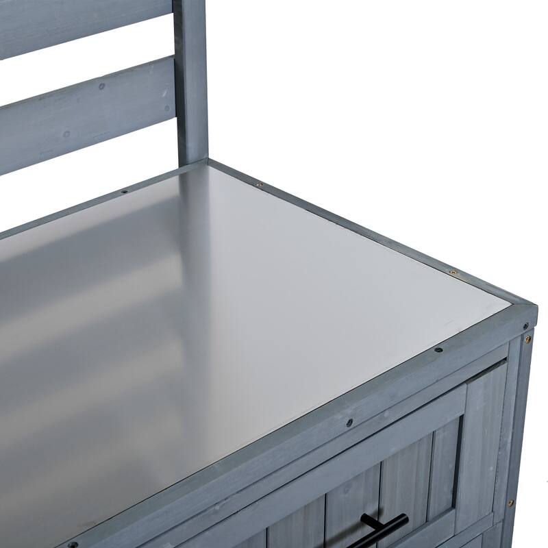 Solid Wood 64.9''Tall Outdoor Kitchen Island Kitchen Cart, Garden Potting Bench with Stainless Table Top for BBQ