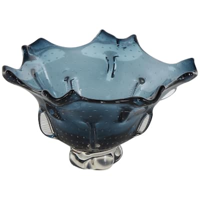 Glass Abstract Tulip Shaped Ombre Decorative Bowl with Bubble Texturing - Dark Blue - Roche River Decor