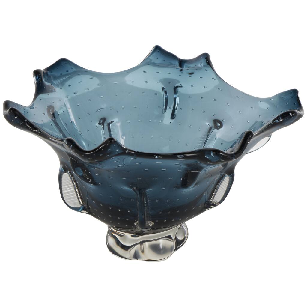 Glass Abstract Tulip Shaped Ombre Decorative Bowl with Bubble Texturing - Dark Blue - Roche River Decor