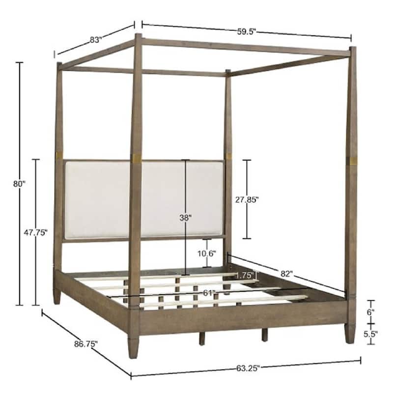 Roomfitters Modern Queen Canopy Bed Frame, Brown Solid Wood with Upholstered Headboard and Gold Metal Accents for Bedroom