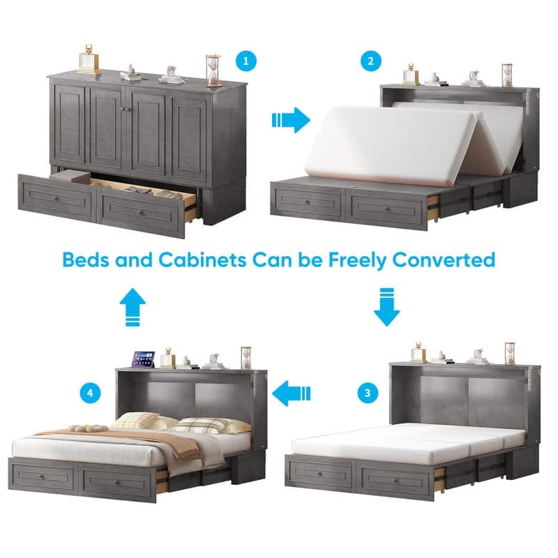 Mixoy Queen Modern Murphy Bed Chest with Mattress and Storage Drawer