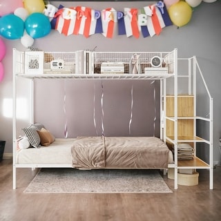 Versatile Design Twin Over Full Metal Bunk Bed with Wire Shelving and Lateral Storage Ladder and Wardrobe-White