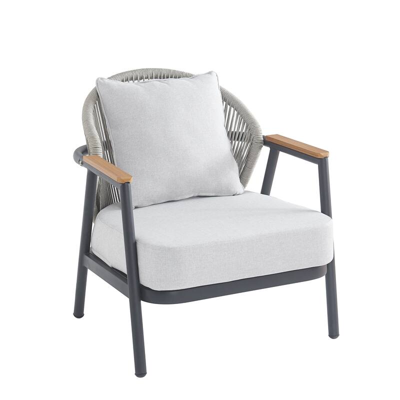 Roomfitters Orla Outdoor Rope Club Chairs with Plastic Wood Armrests and Cushions, Grey Finish