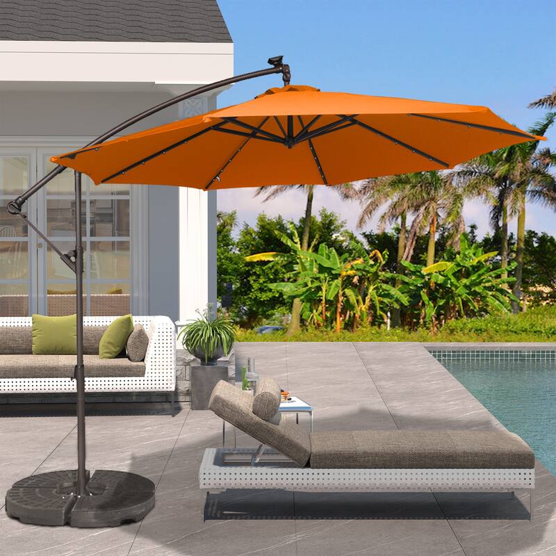Clihome 10Ft Solar Light Crank Offset Cantilever Patio Umbrella, Without Base - Orange
