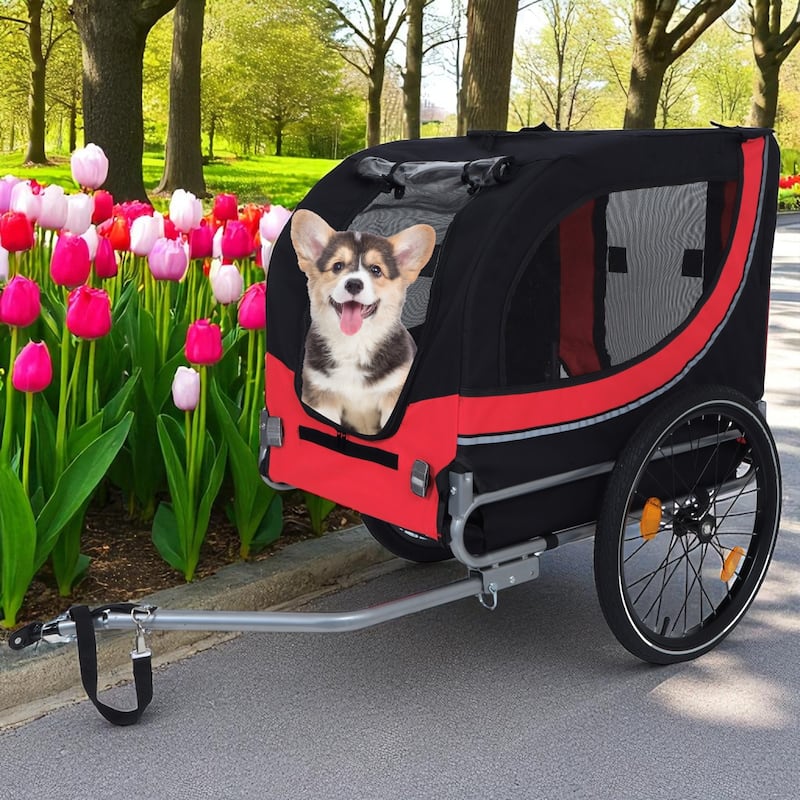 Large Folding Dog Bike Trailer - 66LB Capacity Pet Bicycle Carrier with Steel Frame, All-Terrain Wheels & Rain Cover - Black Red