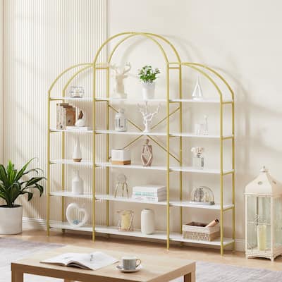Five Tiers Tall Bookshelf with Gold Frame and Curved Top