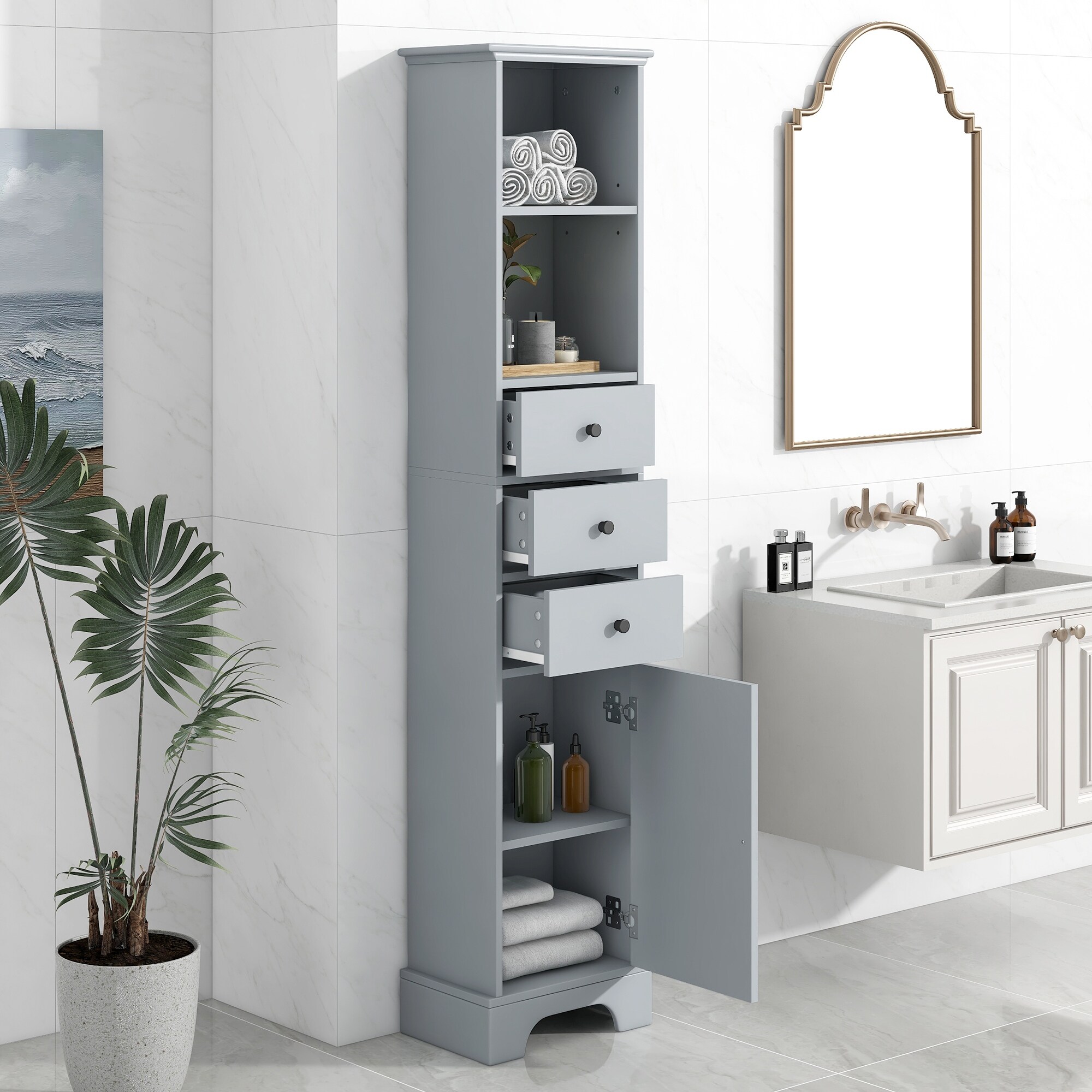 Tall free standing mirrored hot sale bathroom cabinet