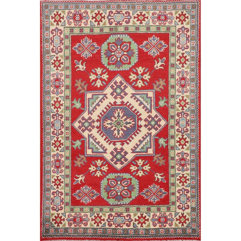 Red Kazak Oriental Foyer Rug Hand-Knotted Wool Carpet - 3'3" x 4'10"