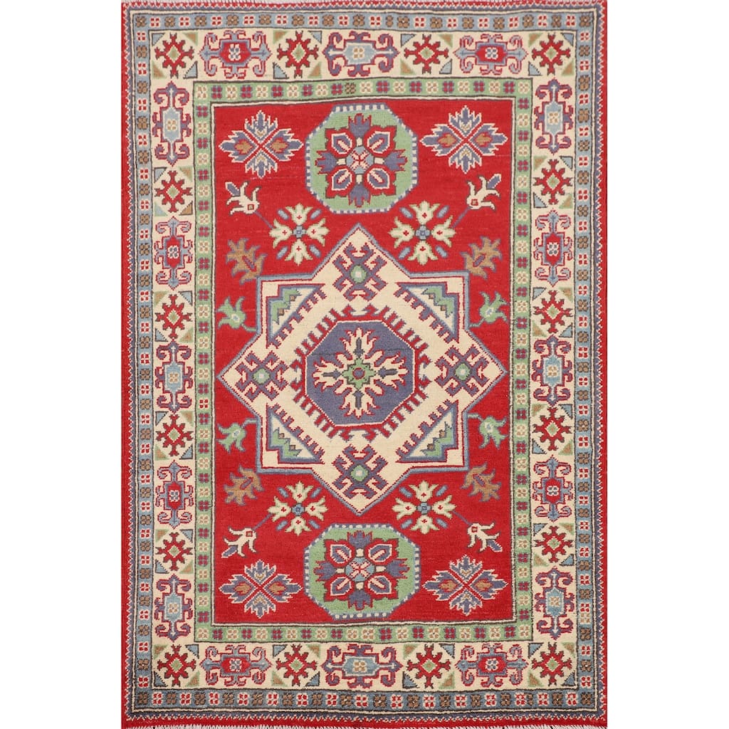 Red Kazak Oriental Foyer Rug Hand-Knotted Wool Carpet - 3'3" x 4'10"