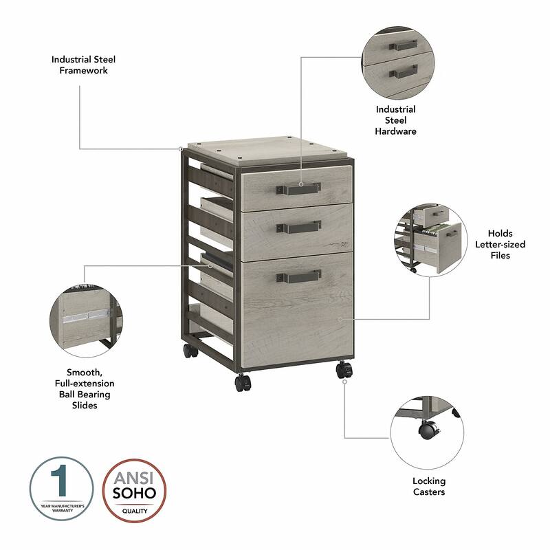 Bush Furniture Refinery 62W Industrial Desk with 3 Drawer Cabinet