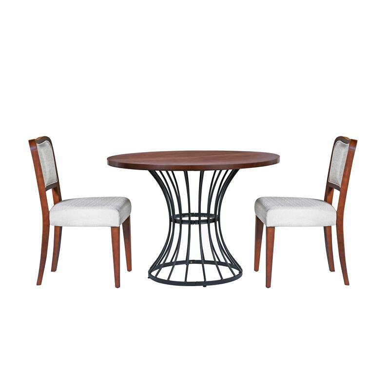 42" Round Dining Set - Solid Wood-Look Veneer Table + 2 Upholstered Walnut-Finish Chairs, Heavy-Duty Iron Base