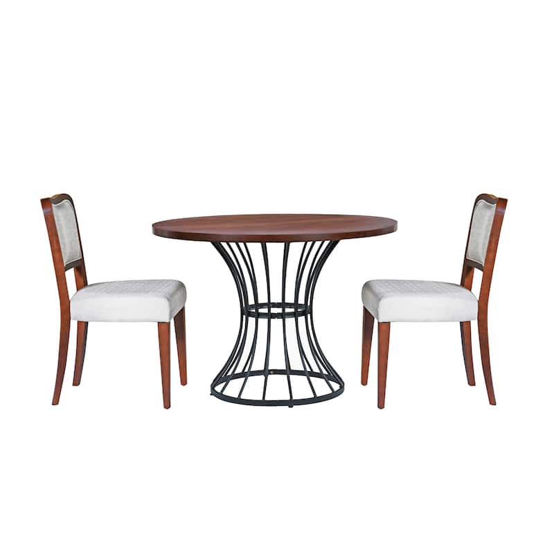42" Round Dining Set-Solid Wood-Look Veneer Table +2 Upholstered Walnut-Finish Chairs,Heavy-Duty Iron Base,Space-Saving,3-Piece