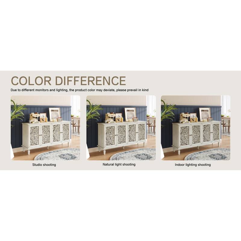 Roomfitters 60" Antique Buffet Cabinet, Floral Carved 4-Door Sideboard with Solid Wood Legs & Brass Handles