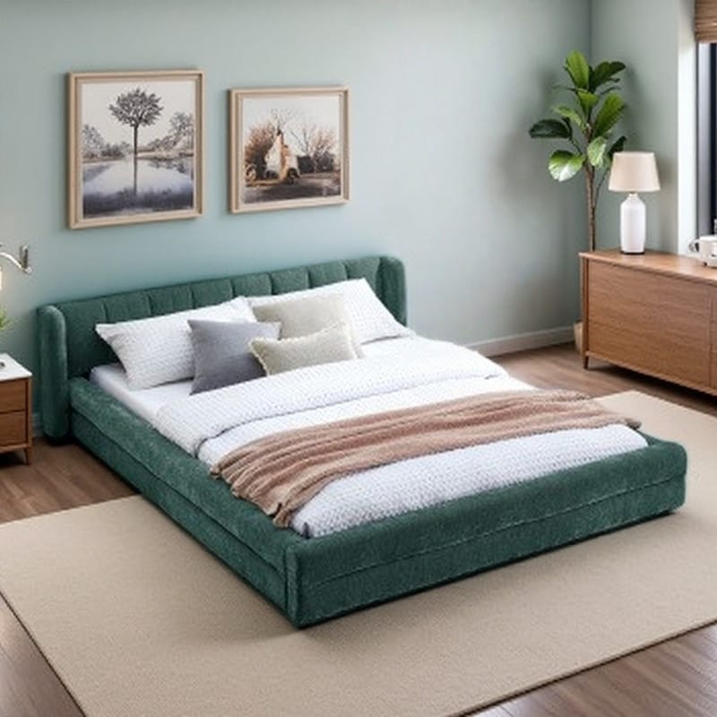 Queen Low-Profile Upholstered Platform Bed with Soft Chenille Fabric, Headboard & Solid Frame Construction