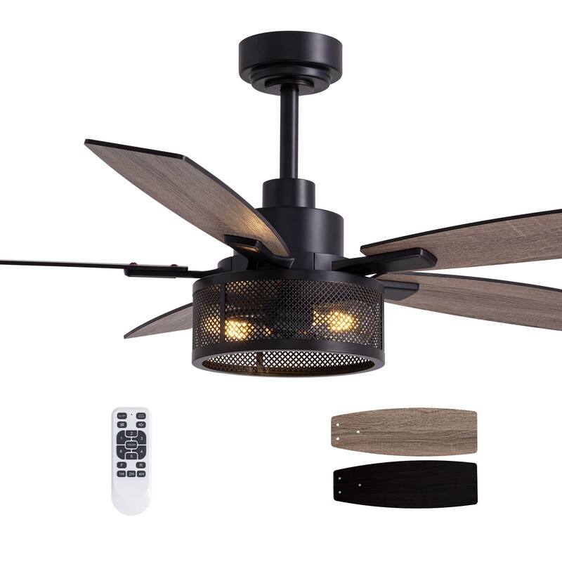 52 Inch Farmhouse Ceiling Fan with Light and Remote Black Industrial Caged Ceiling Fans Flush Mount 6-Speed Design for Bedroom